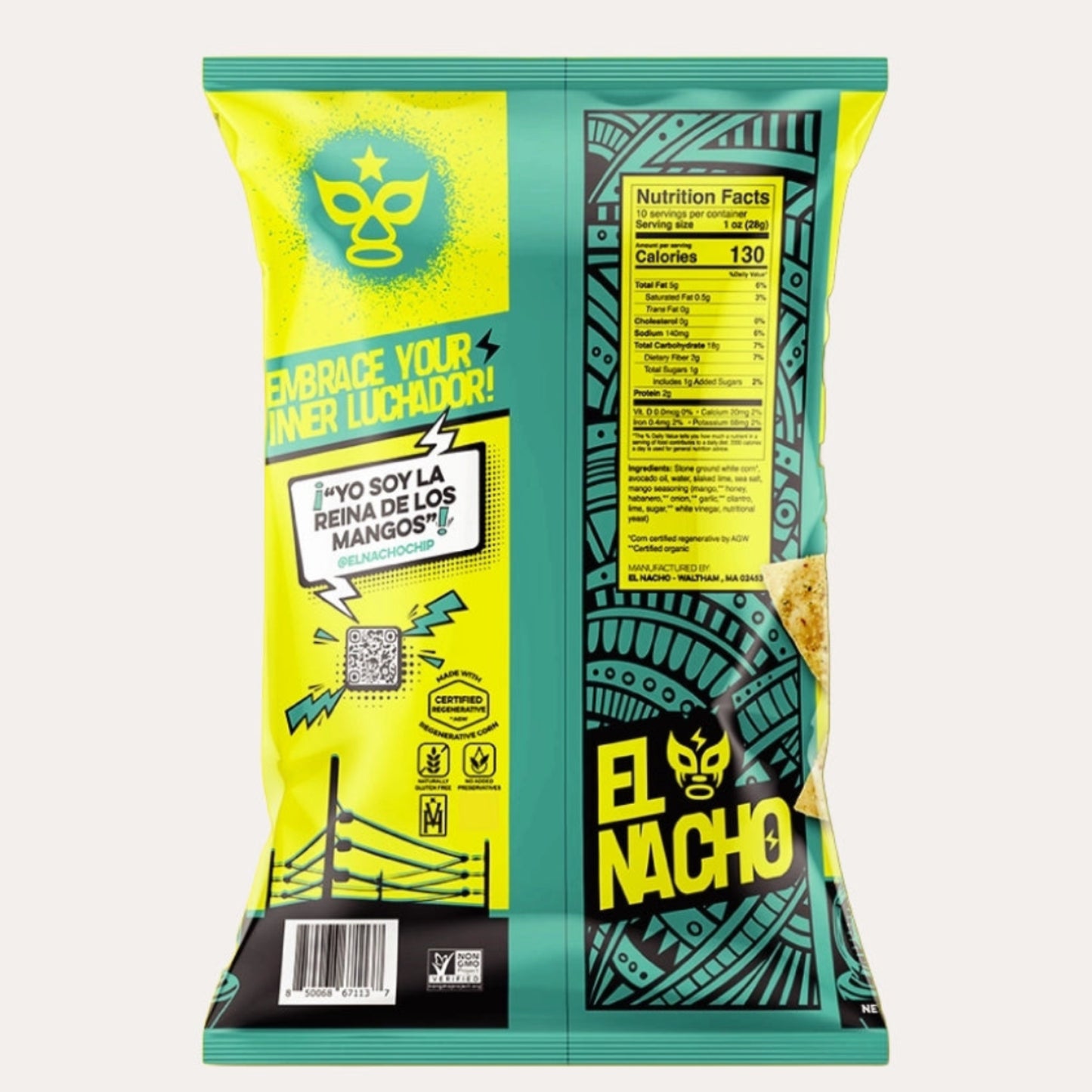 El Nacho snack bag with vibrant yellow and green design on a white background