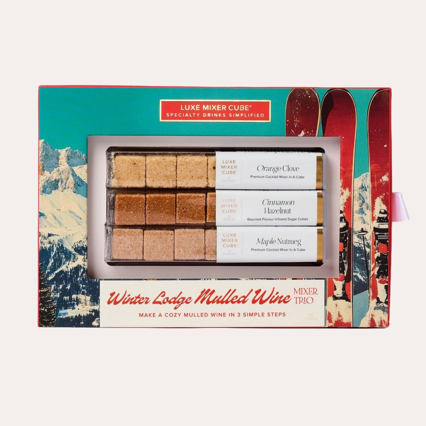 Packaged winter lodge mulled wine mix with colorful box design on a white background