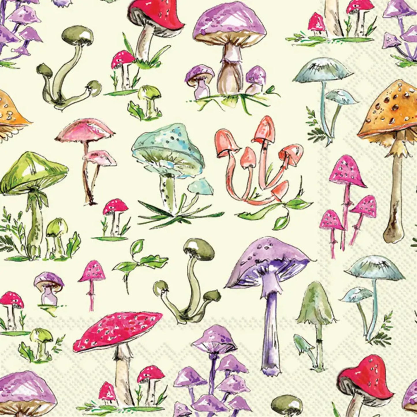 Pattern of colorful mushrooms on a light background