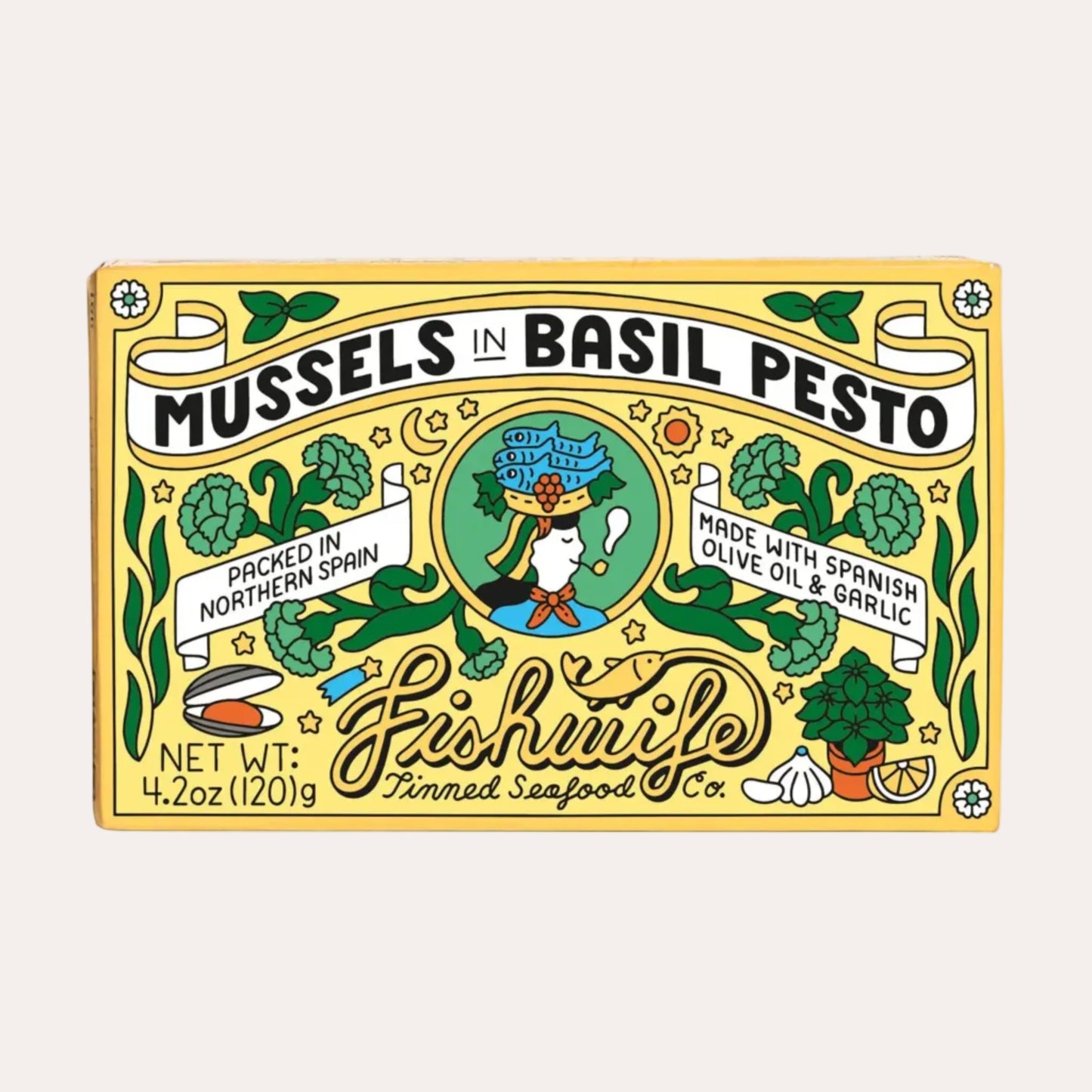 Packaging of Mussels in Basil Pesto with decorative elements on a white background