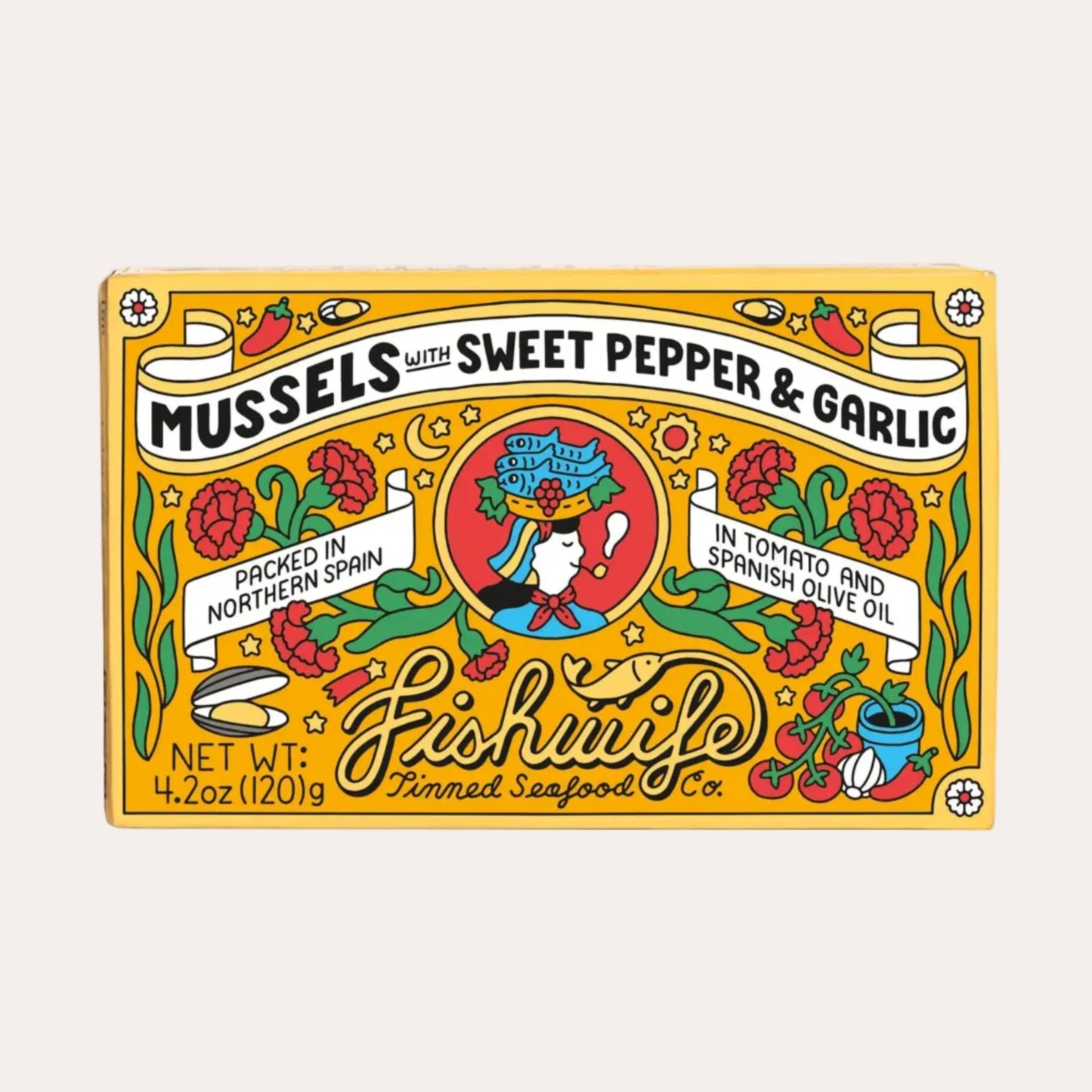Box of mussels with sweet pepper and garlic from Fishwife Pinned Seafood Co on a white background