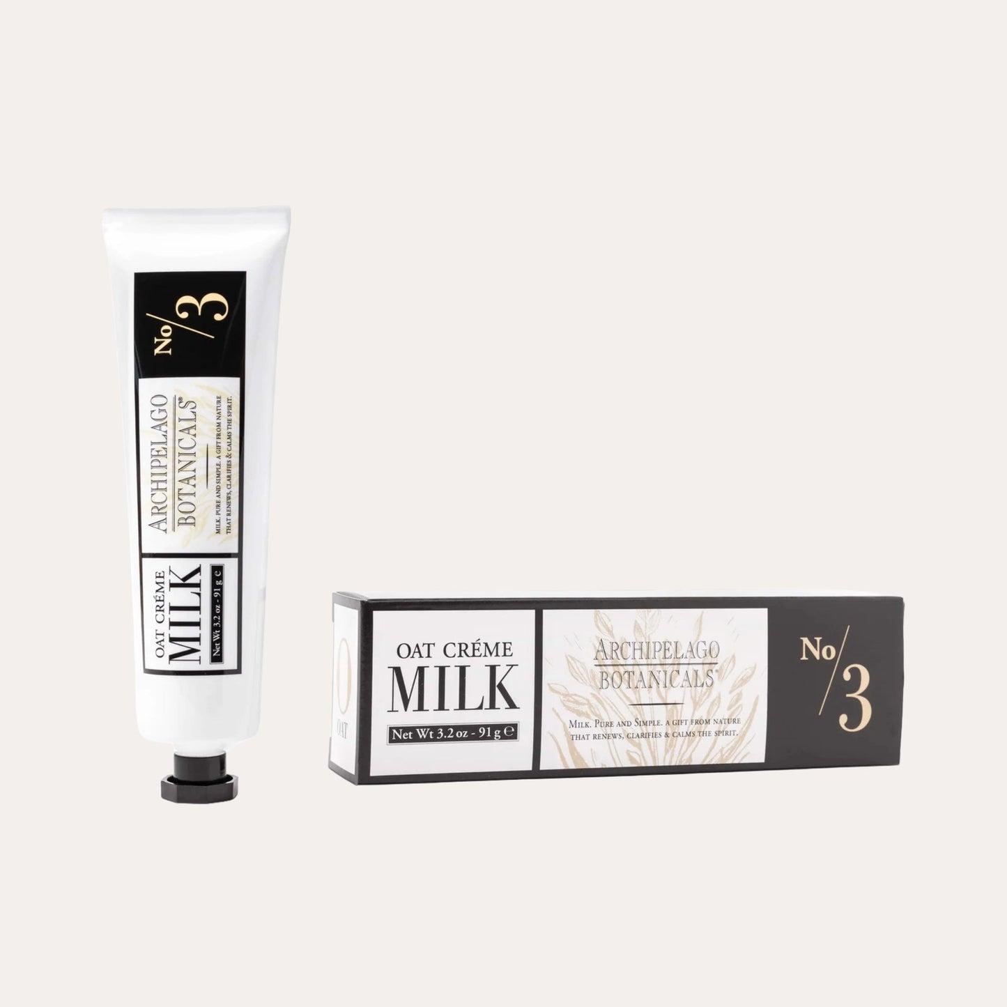 Oat crème milk tube and packaging with 'Archipelago Botanicals' branding on a white background