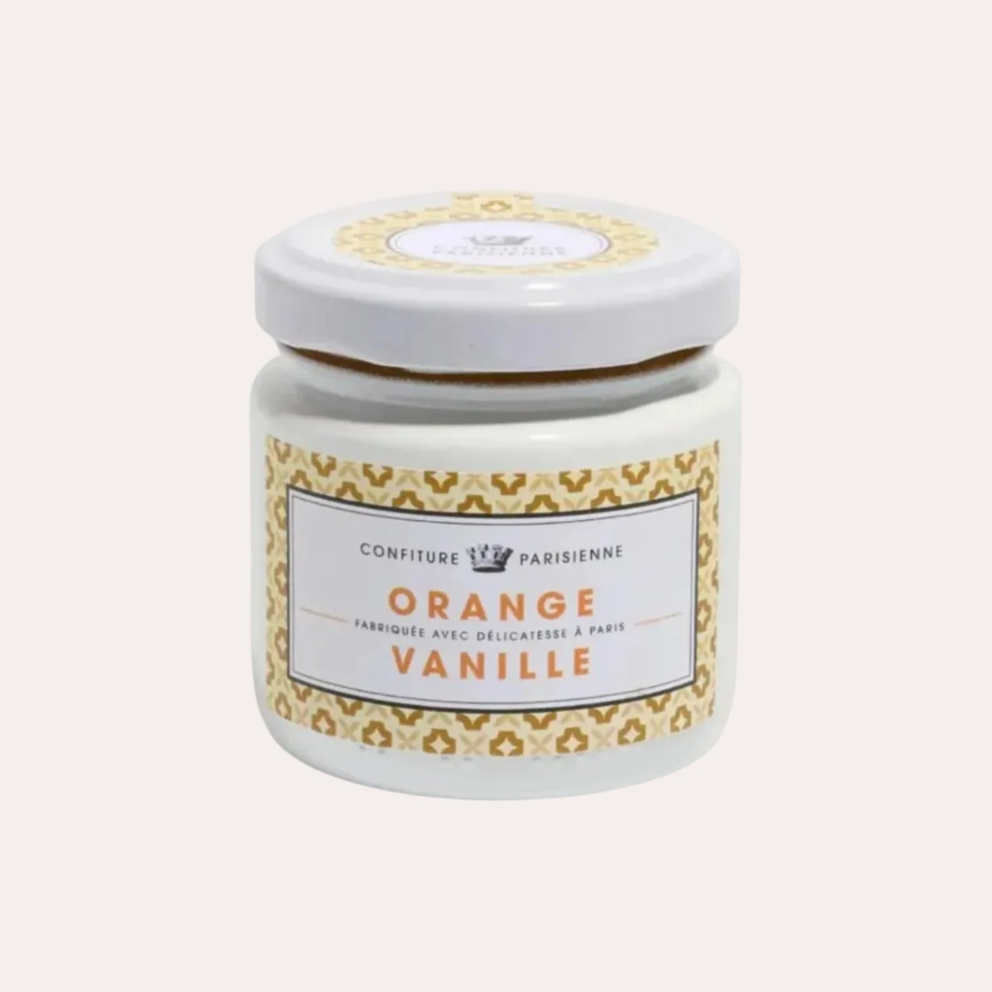 Jar of confiture labeled 'Orange Vanille' on a white background