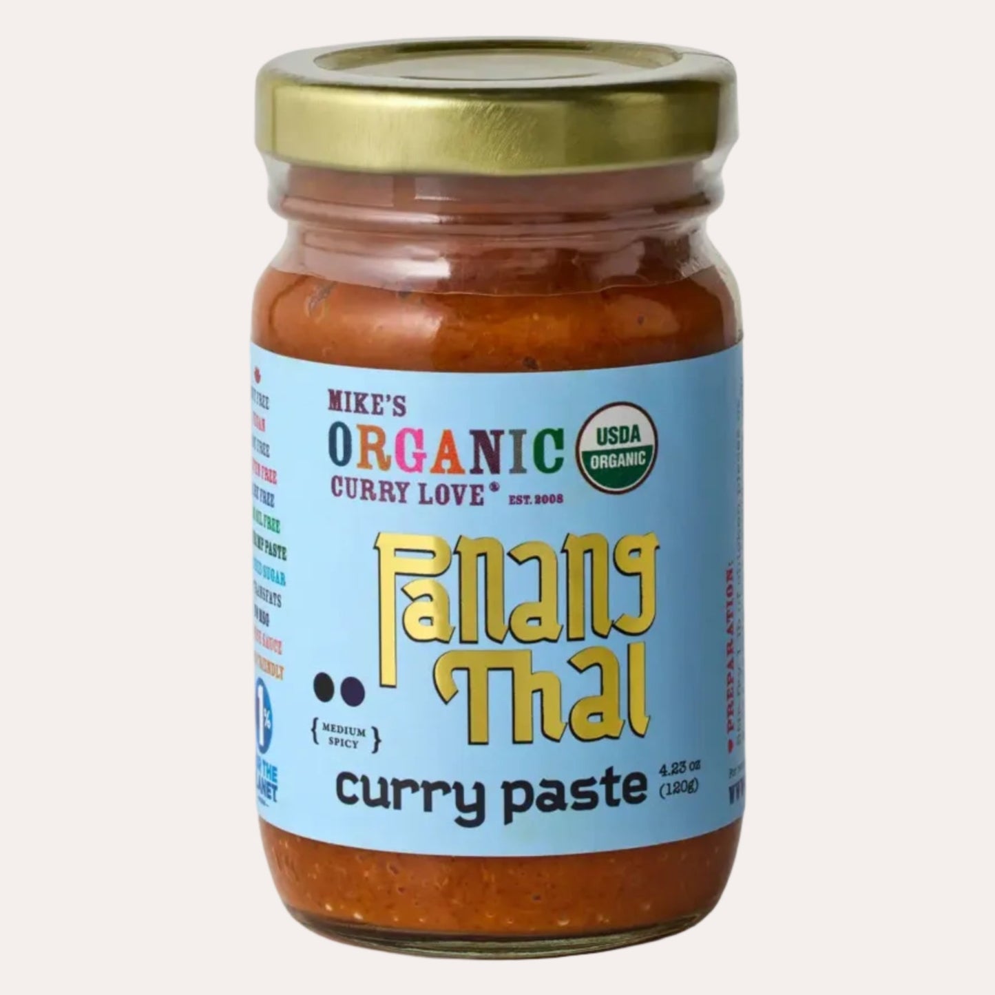 Jar of 'Fanang Thai' curry paste with a blue label on a white background