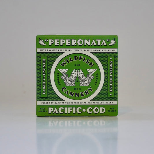 Green packaging of Pacific Cod with 'Peperonata' branding on a white background