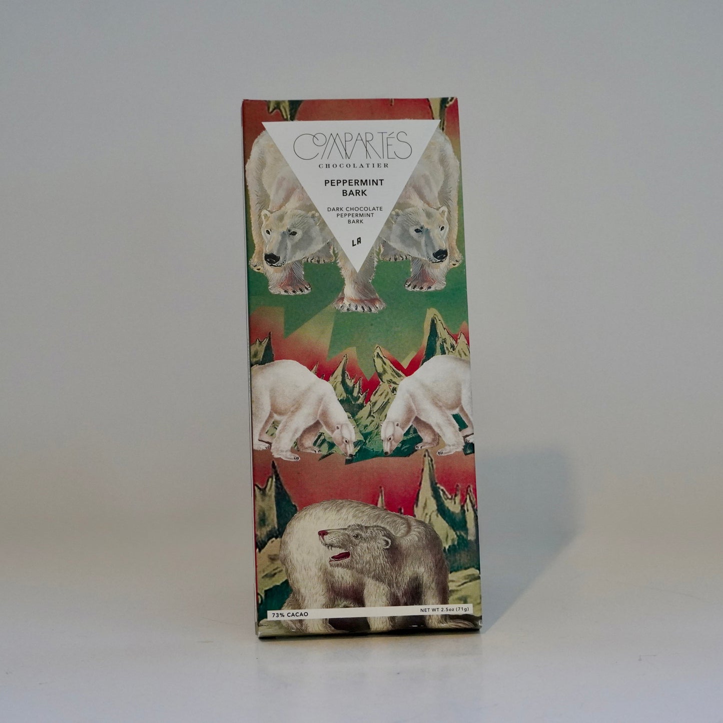 Box of Compartes chocolate with polar bear design on a white background