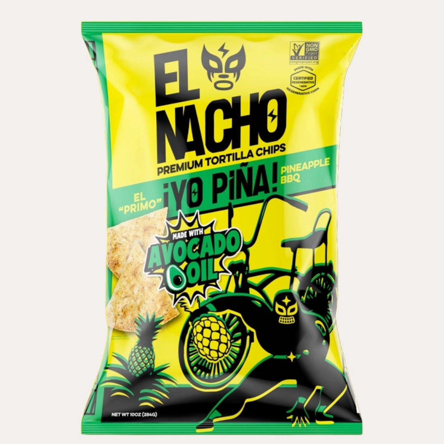 Packaging of El Nacho tortilla chips with branding and product details on a white background