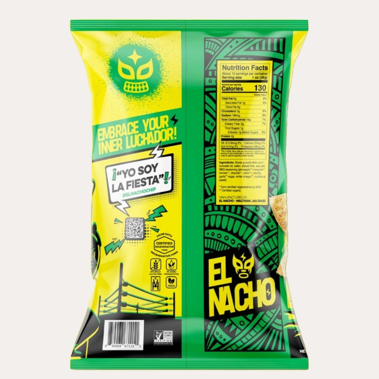 Green and yellow snack bag with branding and text on a white background