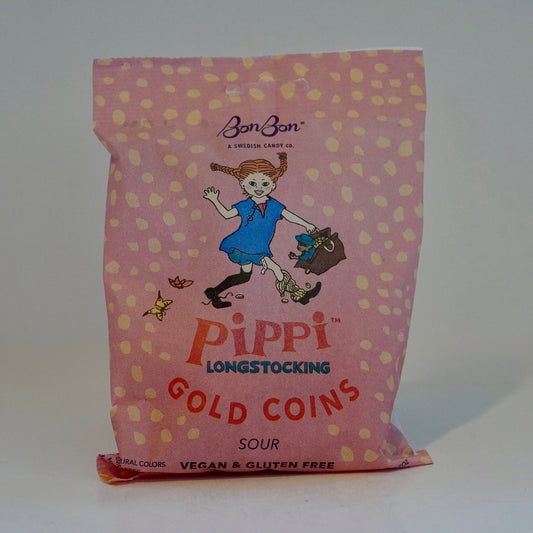 Pink bag of Pippi Longstocking Gold Coins on a white background
