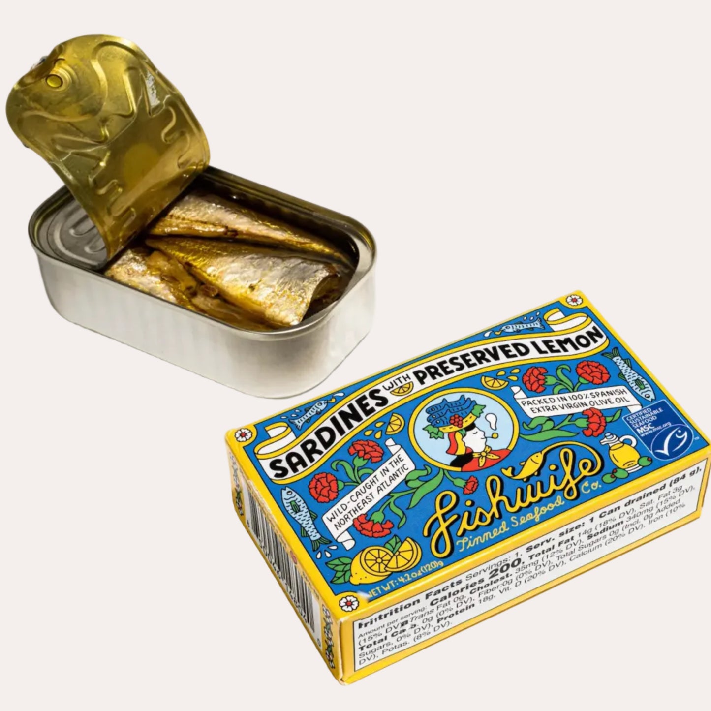 Open can of sardines with its packaging on a white background