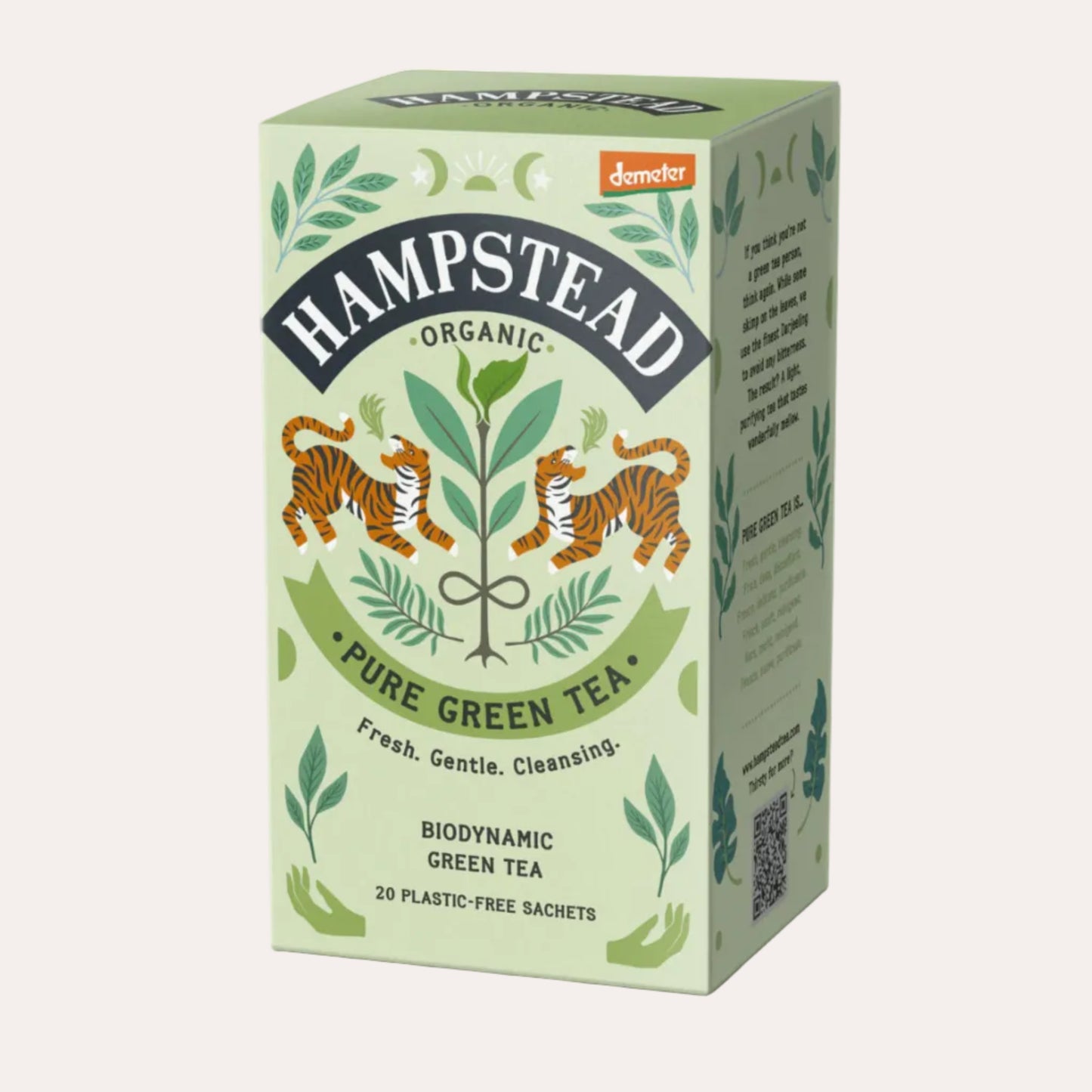 Hampstead Organic Pure Green Tea packaging with tigers and leaves on a white background