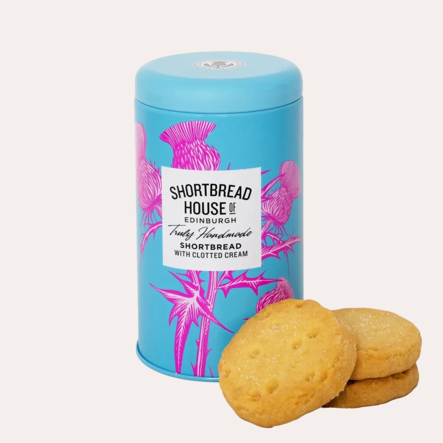 Blue tin of Shortbread House of Edinburgh shortbread cookies with thistle design