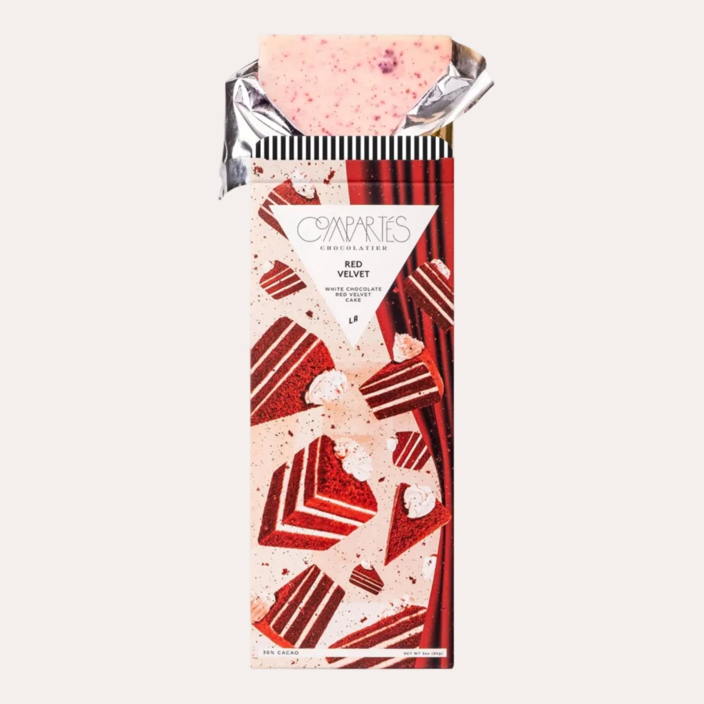 Chocolate bar packaging with red and pink design on a white background