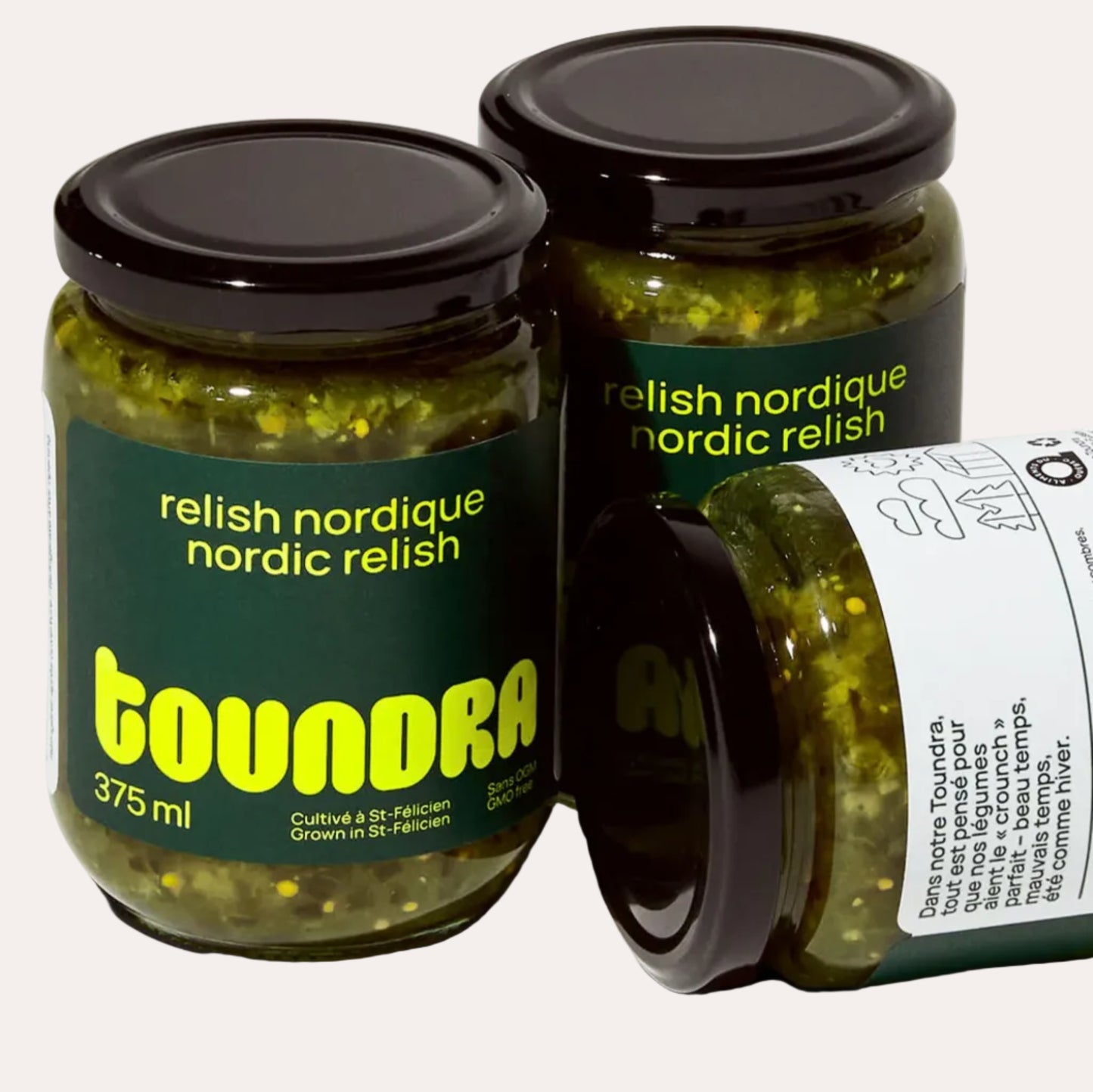 Three jars of Toundra Nordic Relish on a white background