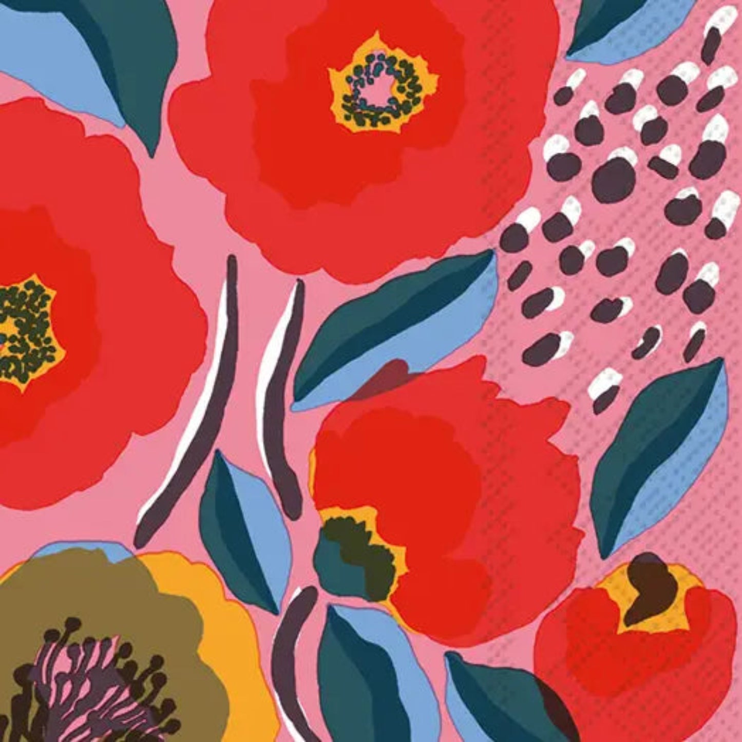 Colorful floral pattern with red flowers and blue leaves on a pink background