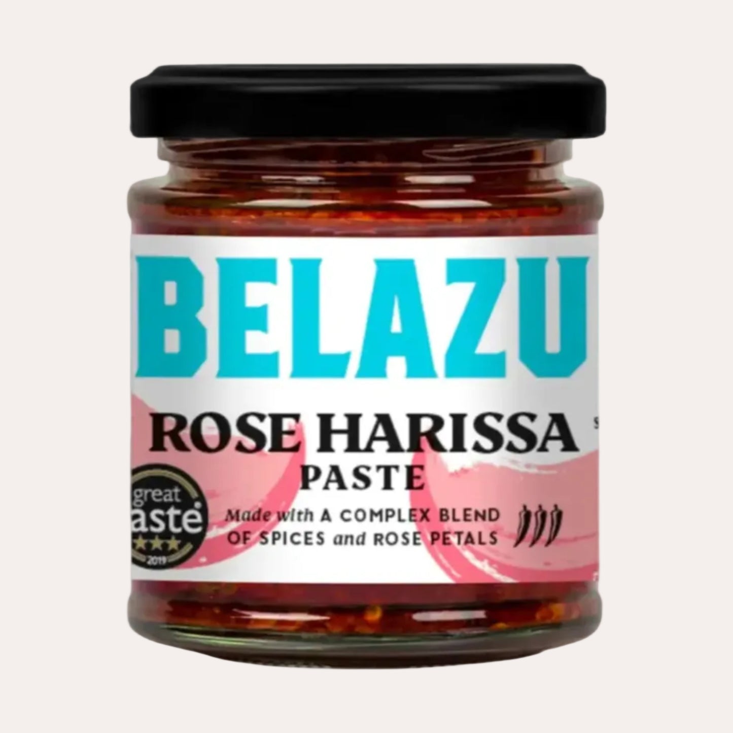 Jar of Belazu Rose Harissa Paste on a white background