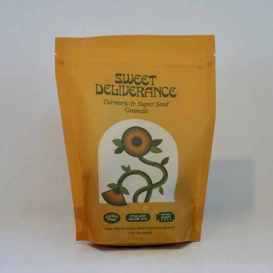 Yellow package labeled 'Sweet Deliverance' on a white background