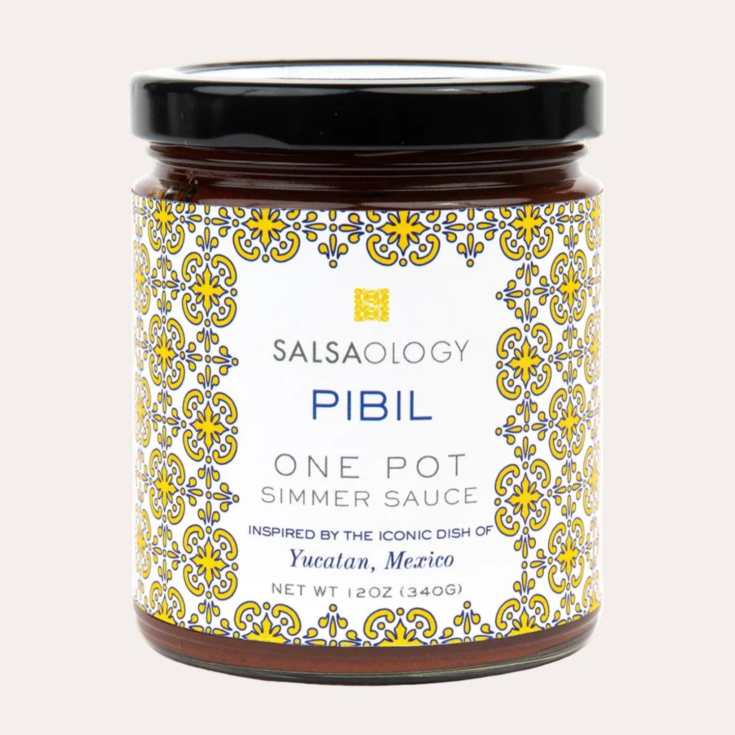 Jar of Salsaology Pibil One Pot Simmer Sauce with decorative label on a white background
