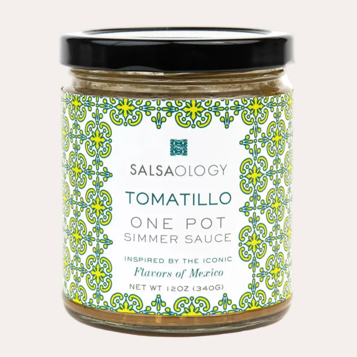 Jar of Salsaology Tomatillo One Pot Simmer Sauce on a white background