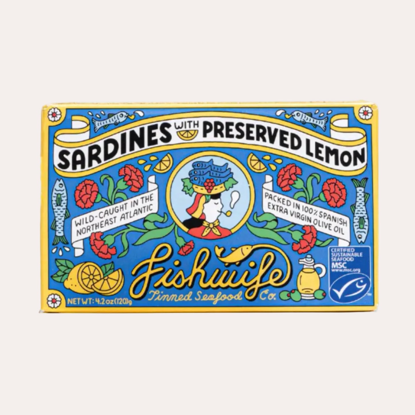 Box of Fishwife sardines with preserved lemon on a white background