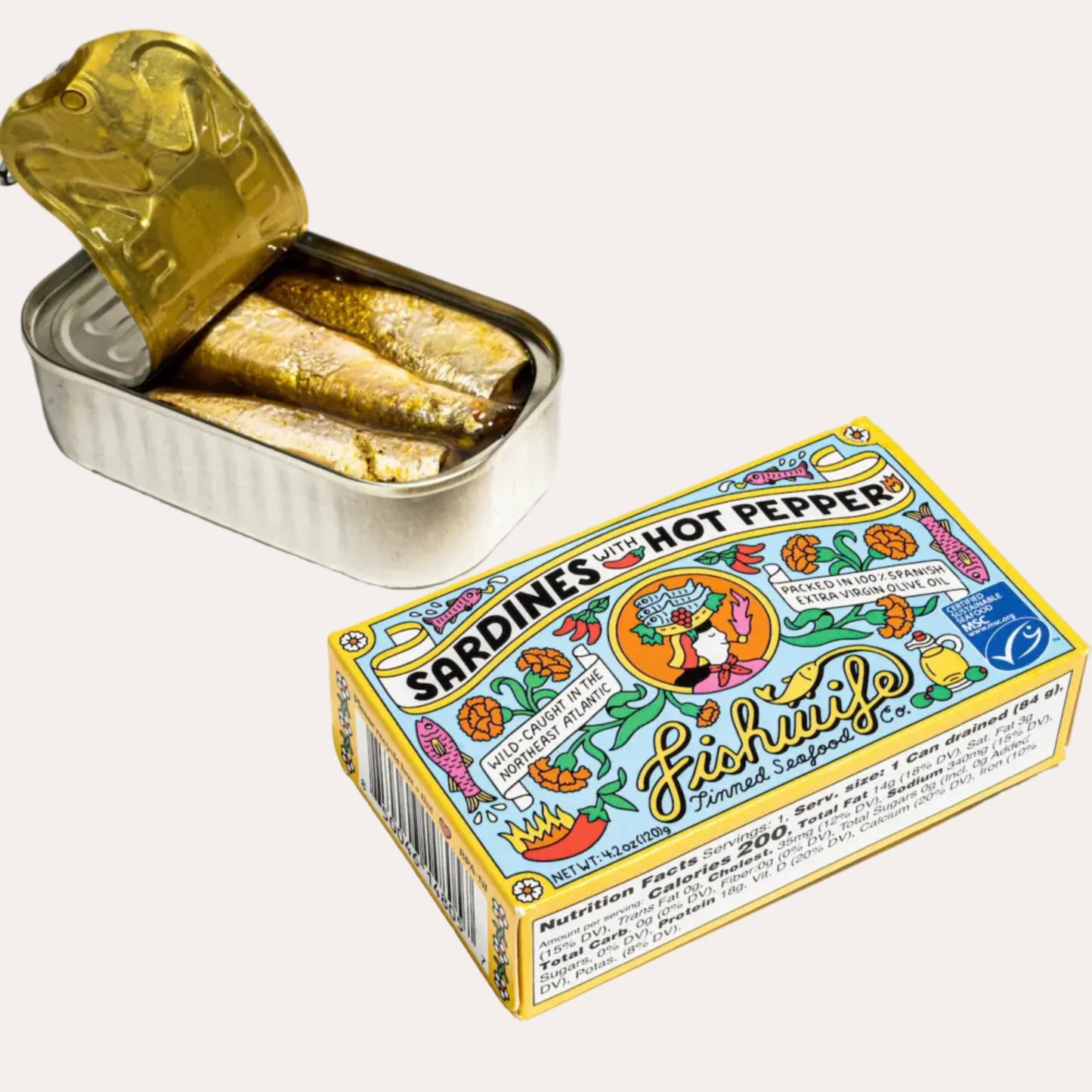 Open can of sardines with a colorful box labeled 'Sardines Hot Peppers' on a white background