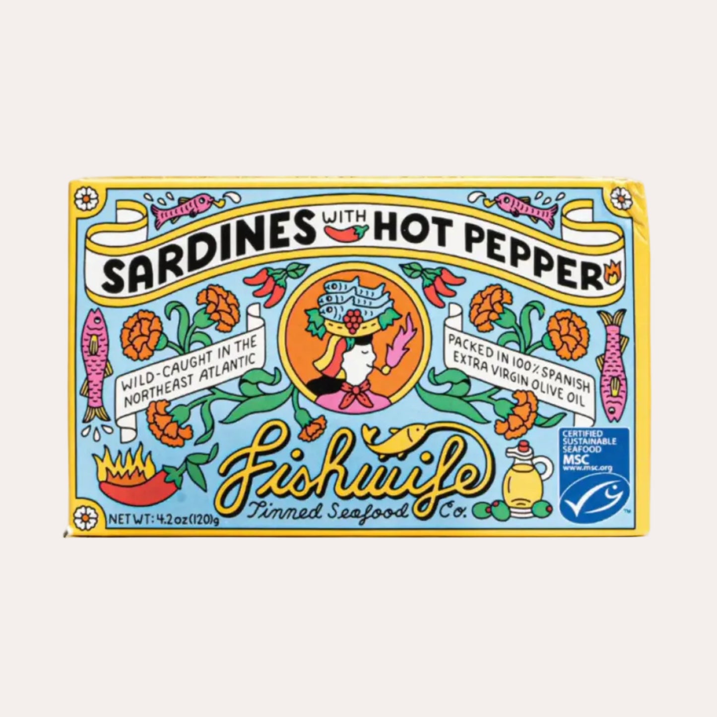 Colorful label of Fishwife sardines with hot pepper on a white background