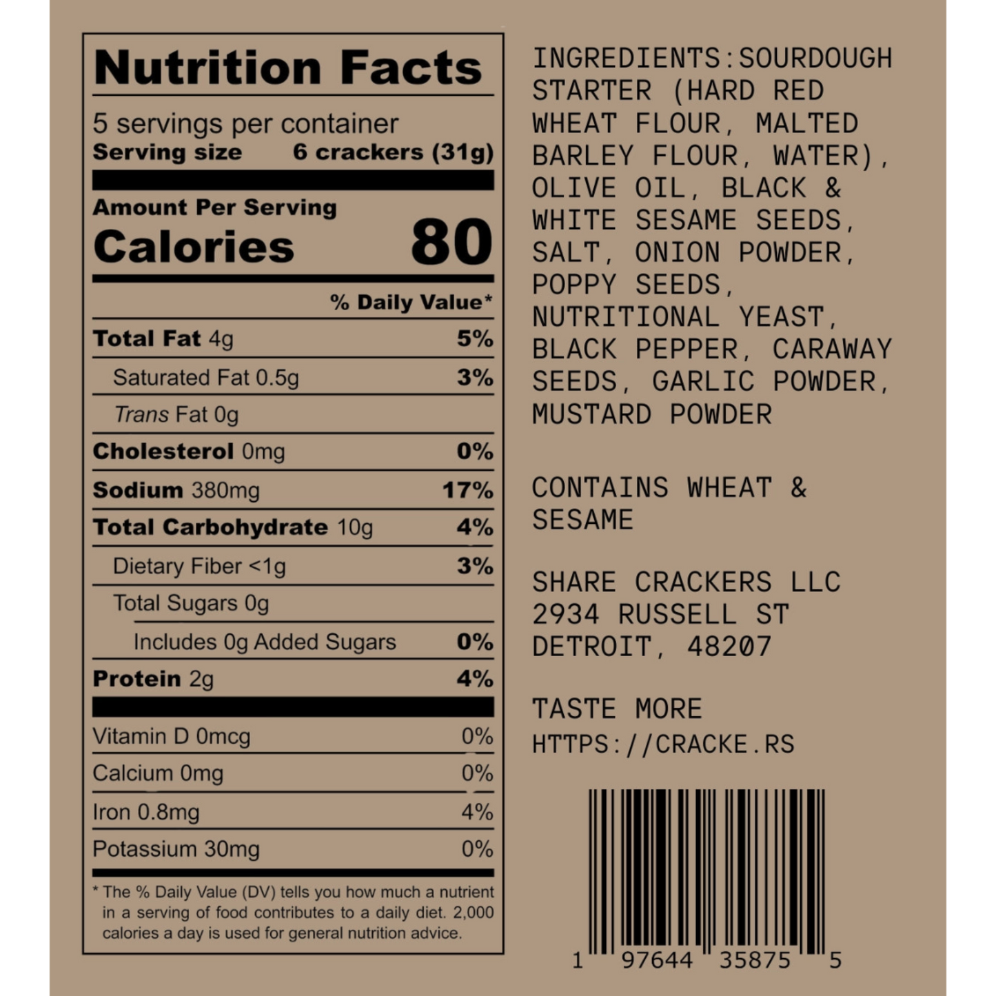 Back of a packaged food product showing a Nutrition Facts panel and ingredient list on a tan background. Visible text includes 'Nutrition Facts', 'Ingredients: Sourdough Starter (Hard Red Wheat Flour, Malted Barley Flour, Water), Olive Oil, Black & White Sesame Seeds, Salt, Onion Powder, Poppy Seeds, Nutritional Yeast, Black Pepper, Caramew Seeds, Garlic Powder, Mustard Powder', 'Share Crackers LLC 2934 Russell St Detroit, 48207', and a barcode.