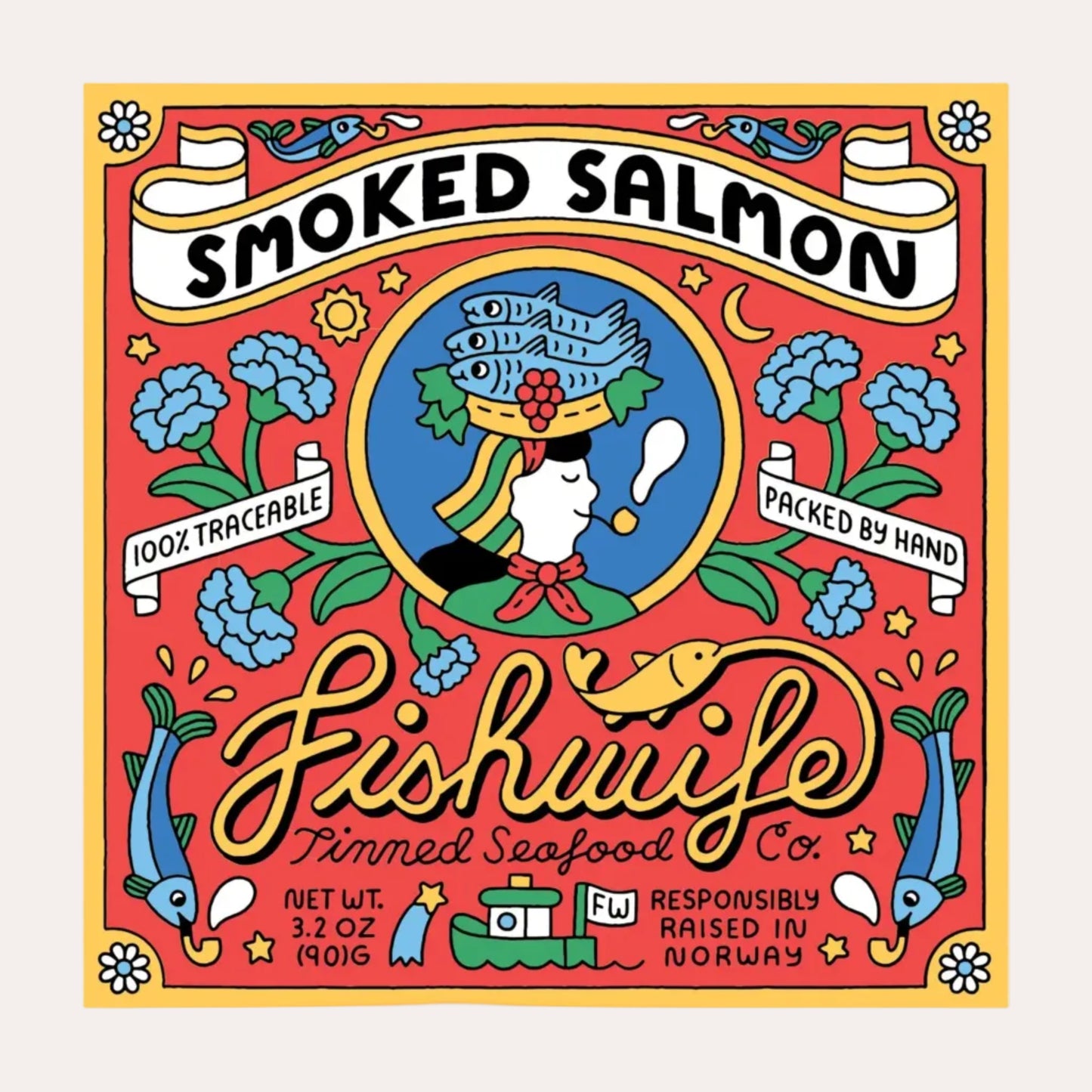 Colorful label for Fishwife Smoked Salmon with decorative elements and text.
the best smoked salmon 
Cork Market in Stowe Vermont ships across the USA