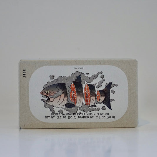 Box of smoked salmon with a fish illustration on a white background