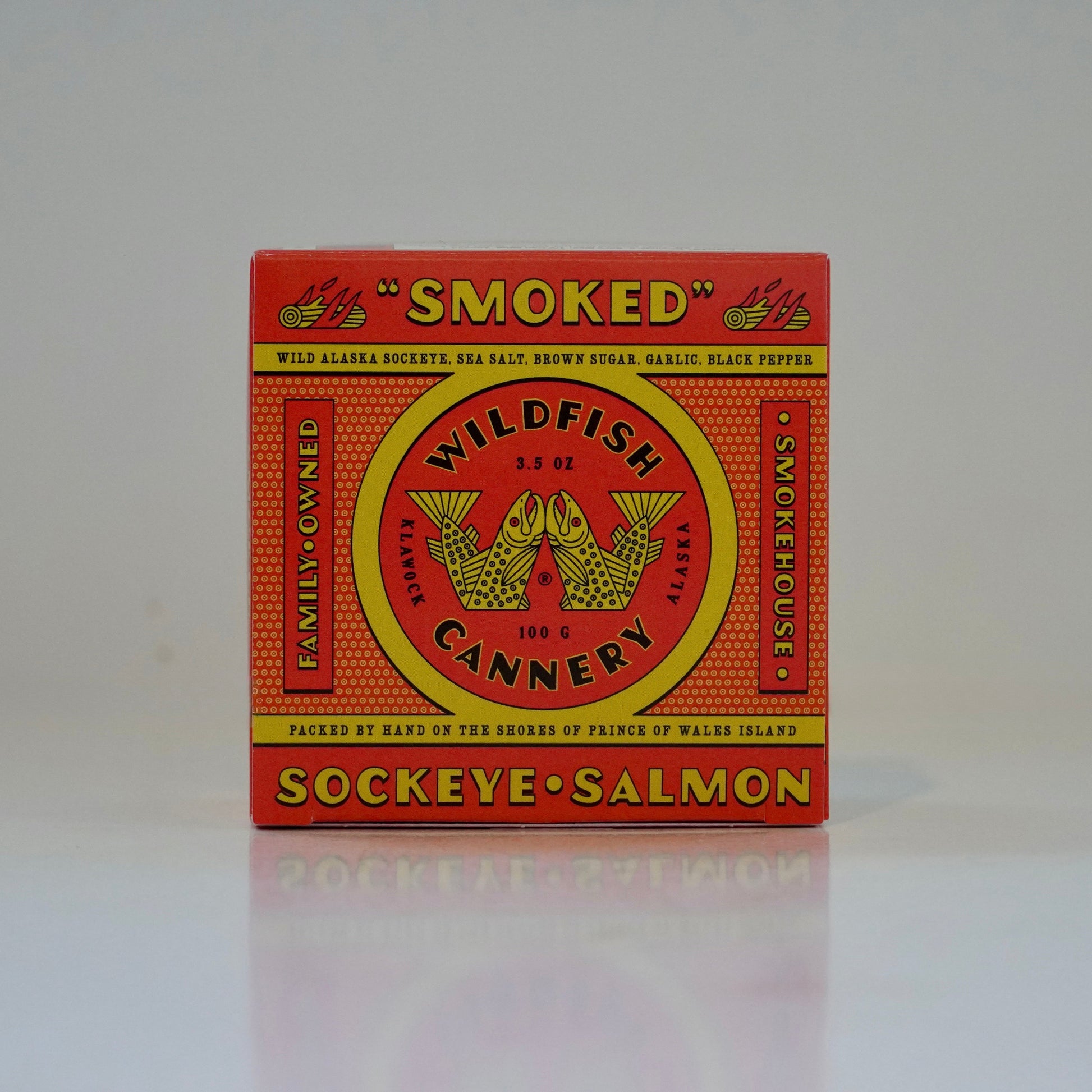 Vintage-style packaging for smoked sockeye salmon on a white background