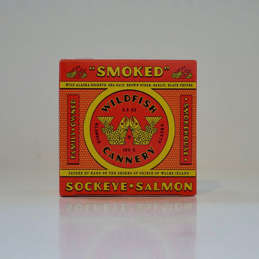 Vintage-style packaging for smoked sockeye salmon on a white background
