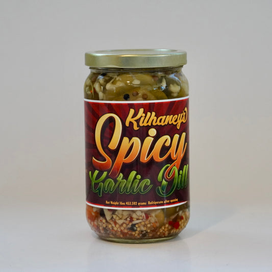 Jar of Kitharey's Spicy Garlic Olives on a white background