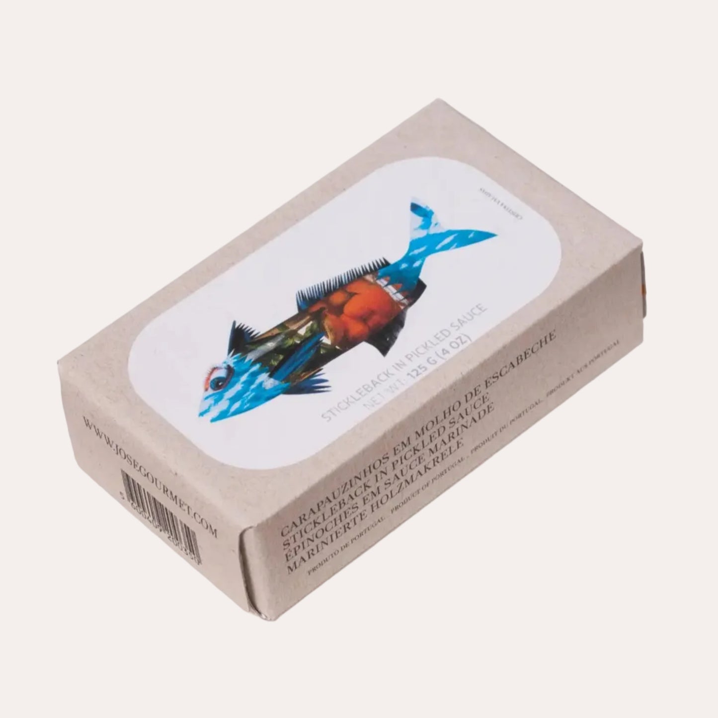 Cardboard packaging with a fish illustration on a white background