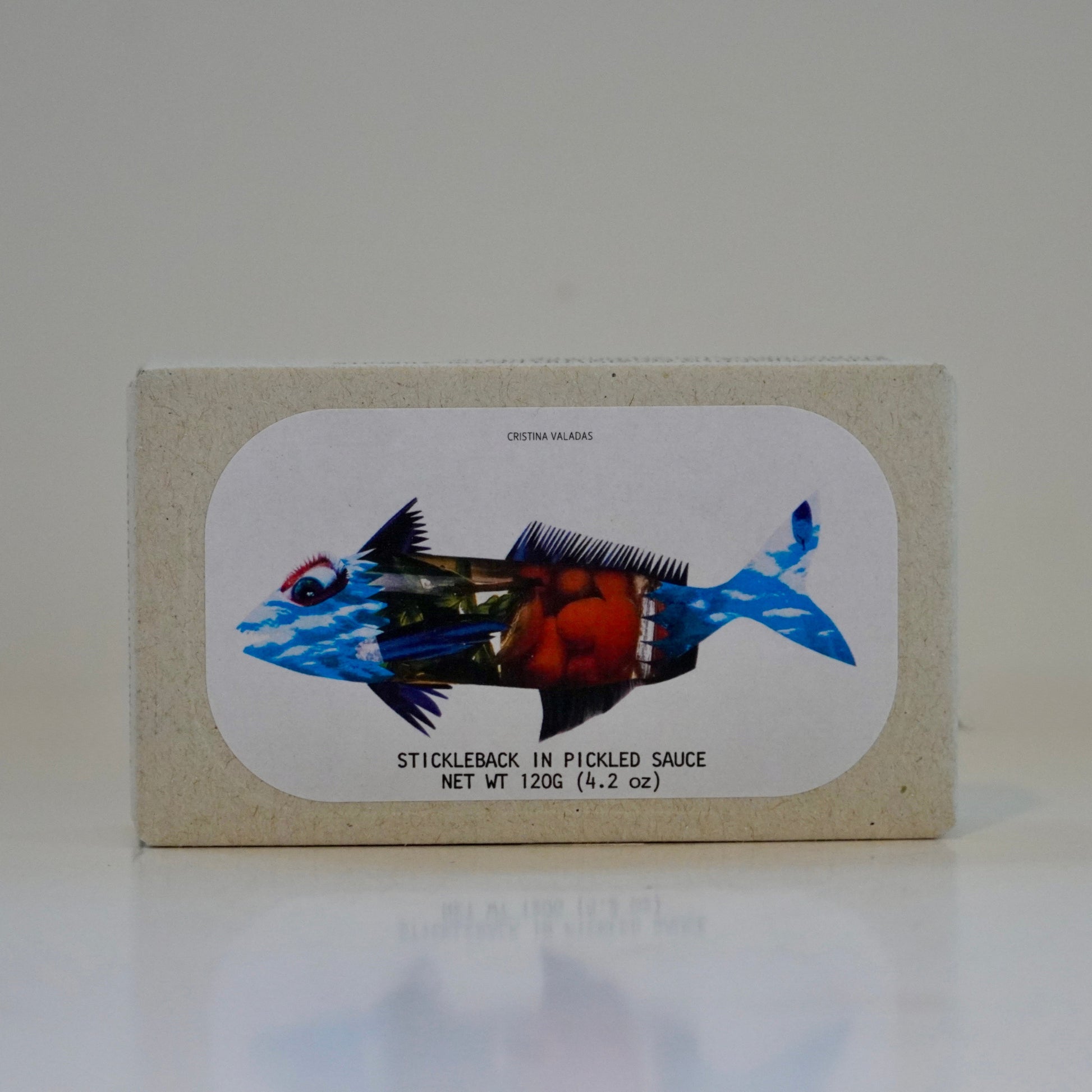 Tinned fish container with stickleback fish illustration on a white background