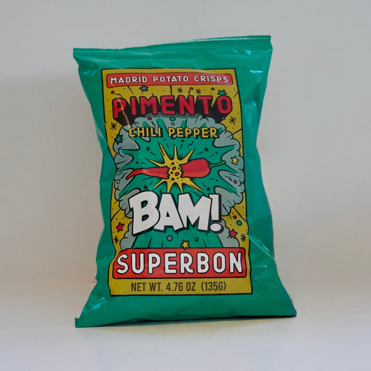 Green bag of Bam Superbon pimento chili pepper potato chips on a white background