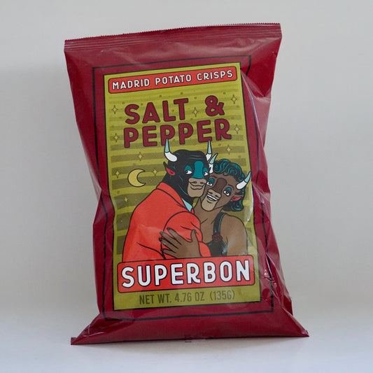 Superbon salt and pepper potato crisp package on a white background