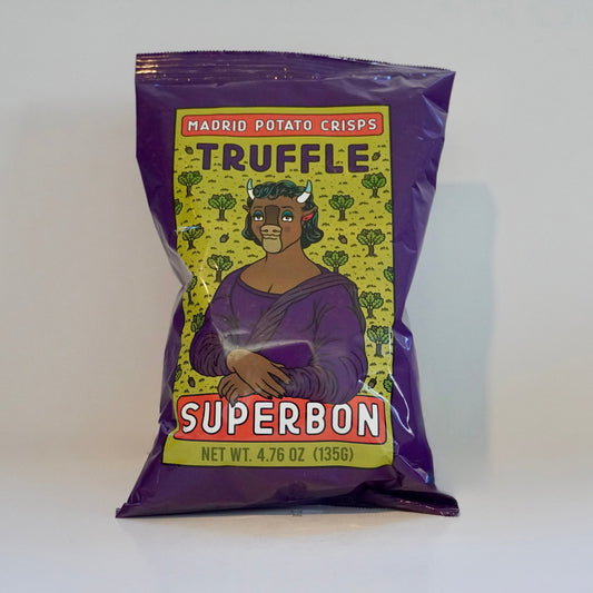 Purple packet of Superbon truffle potato crisps on a white background