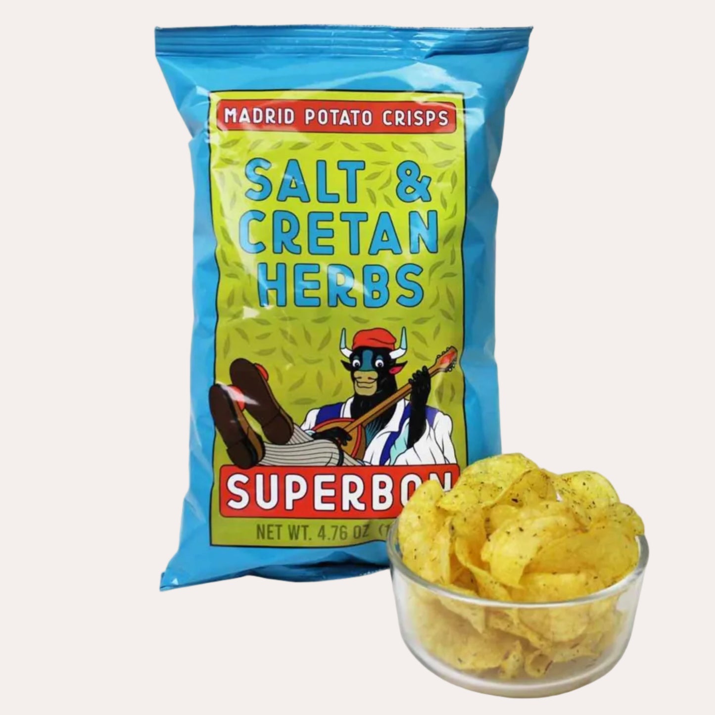 Superbowl potato crisps packaging with chips in a bowl on a white background