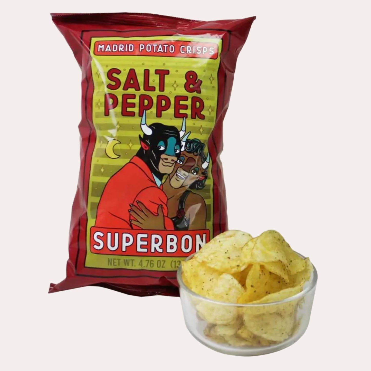 Salt & Pepper Superbon potato chips with packaging on a white background