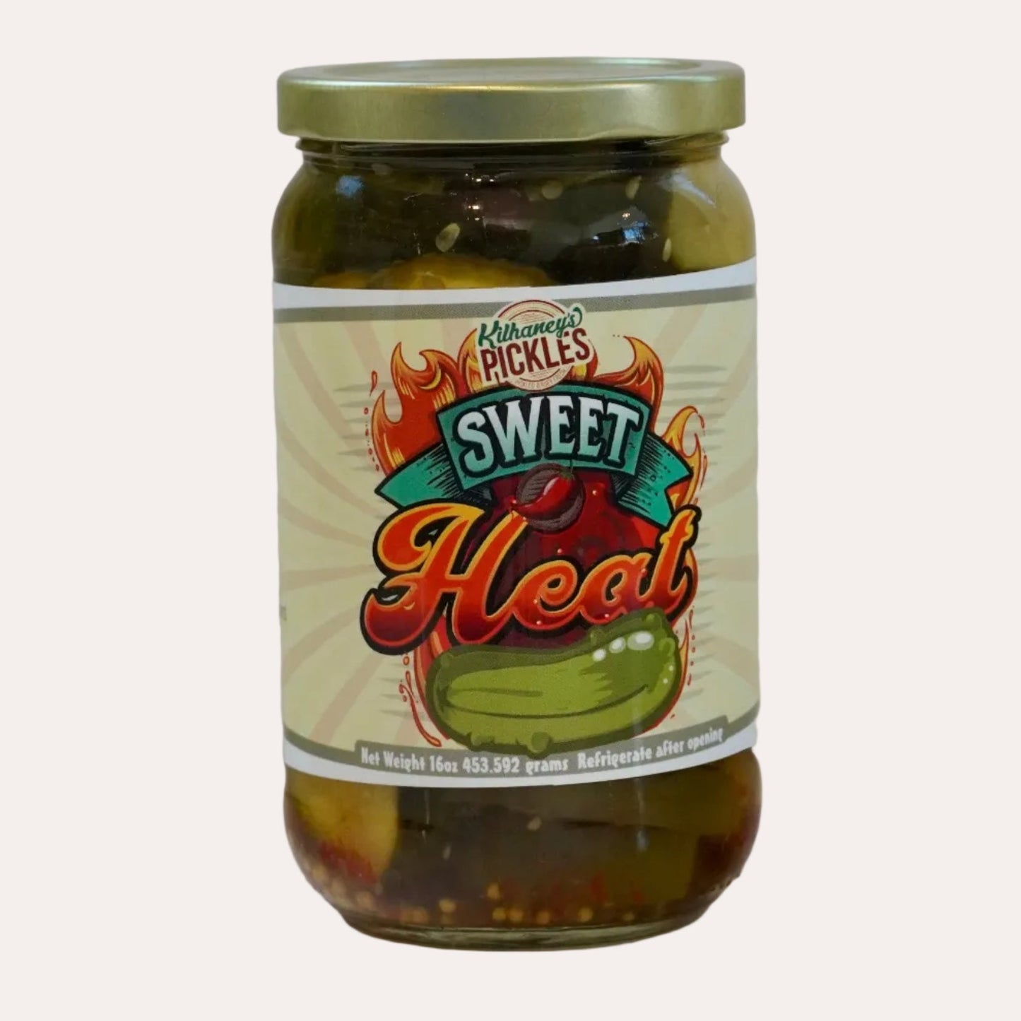 Jar of pickles with a 'Sweet Heat' label on a white background