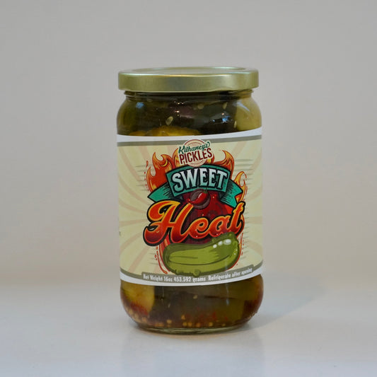 Jar of pickles with a 'Sweet Heat' label on a white background