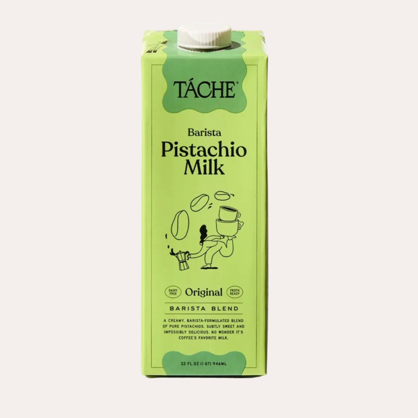 Green carton of Táche Pistachio Milk on a white background