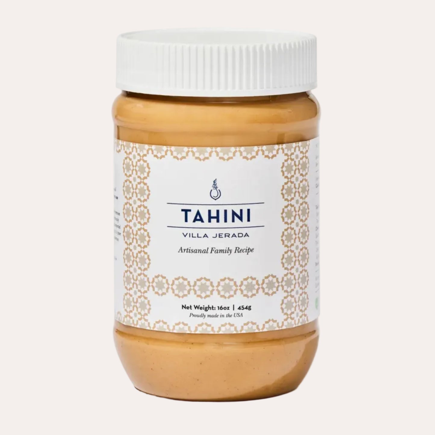 Jar of Villa Jerada Tahini on a white background