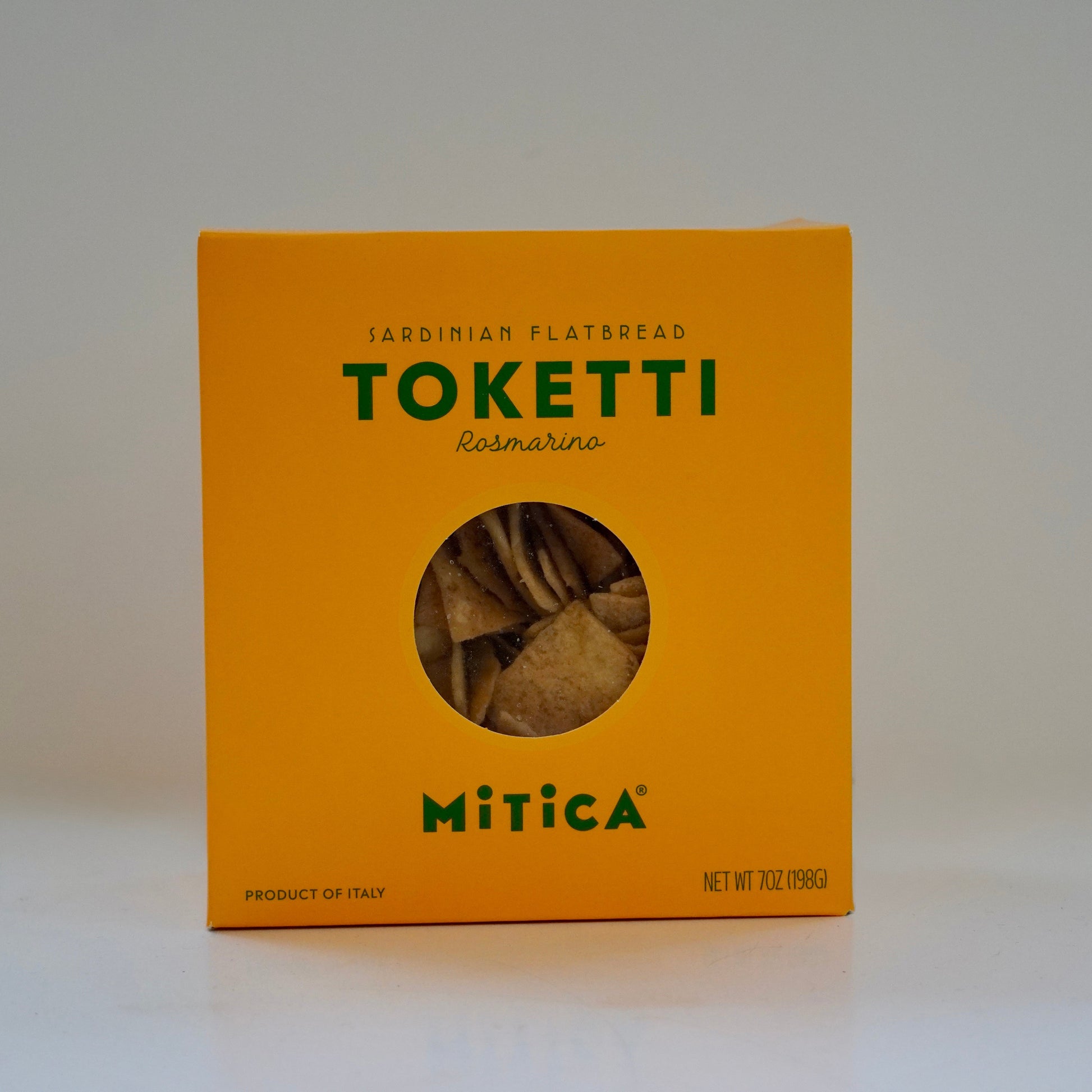 Yellow box of Toketti flatbread with Mitica branding on a white background