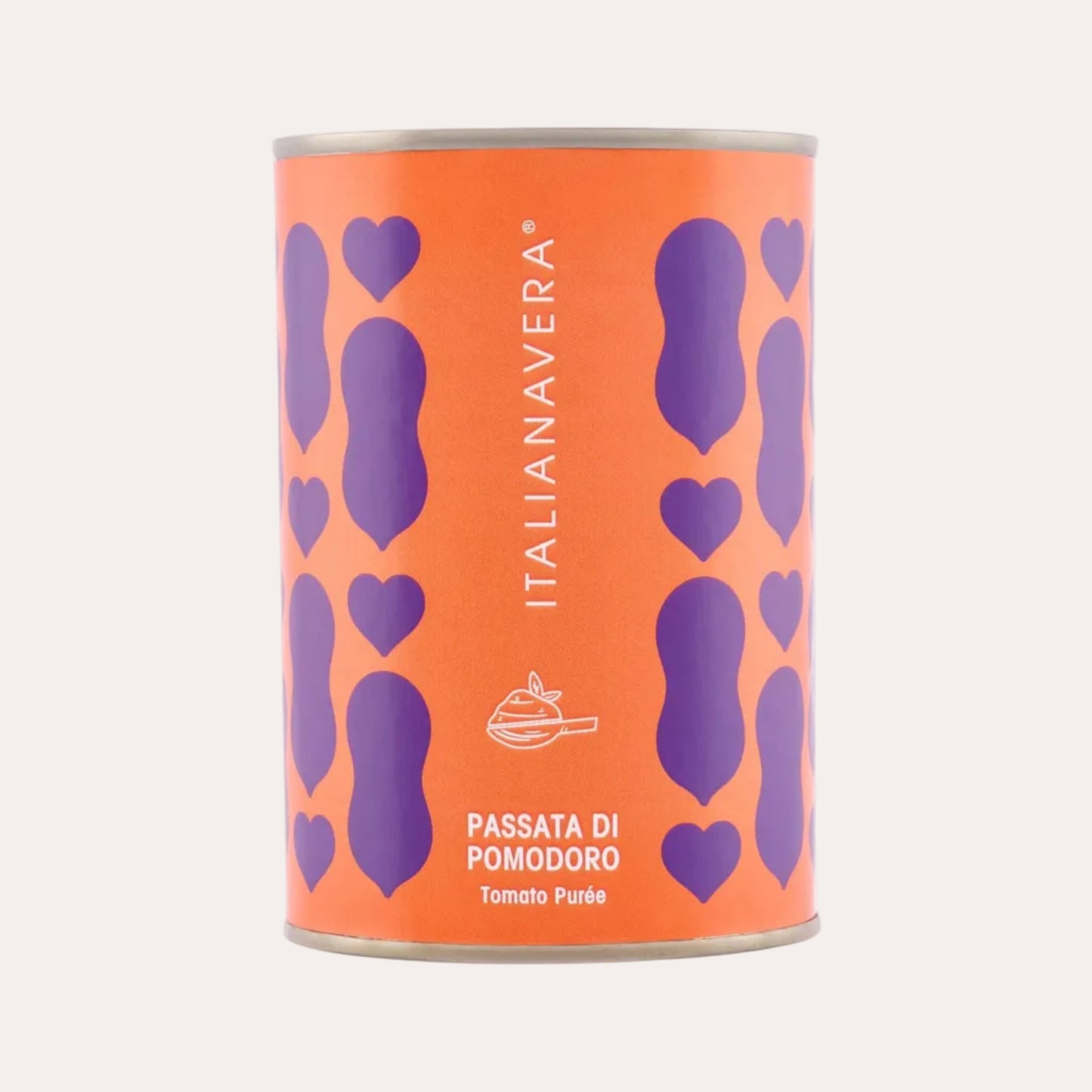 Can of Italianavaera tomato puree with purple heart patterns on an orange background