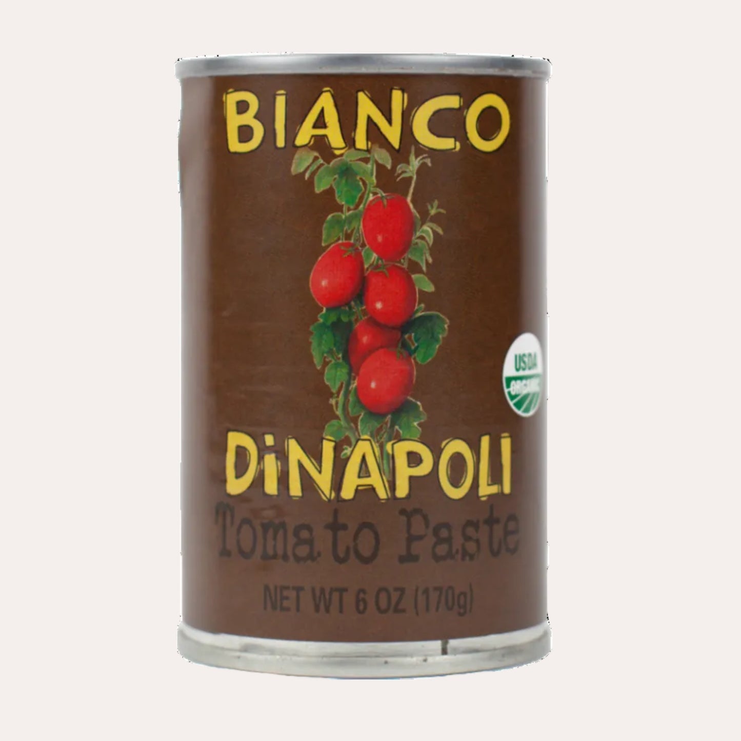 Can of Bianco DiNapoli Tomato Paste with tomato illustration on a white background