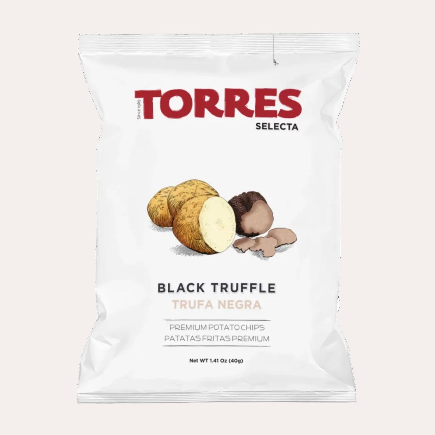 Torres Selecta black truffle potato chips packaging on a white background