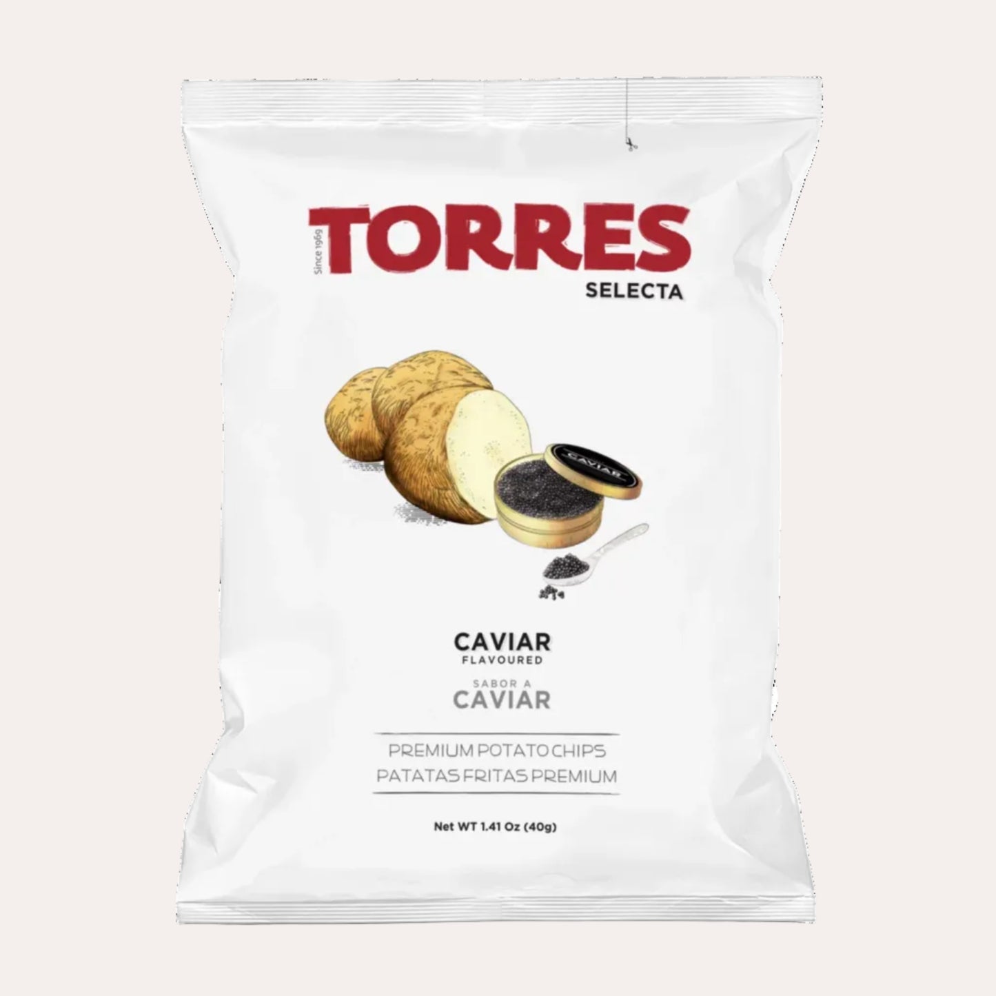 Torres Selecta caviar-flavored potato chips packaging on a white background