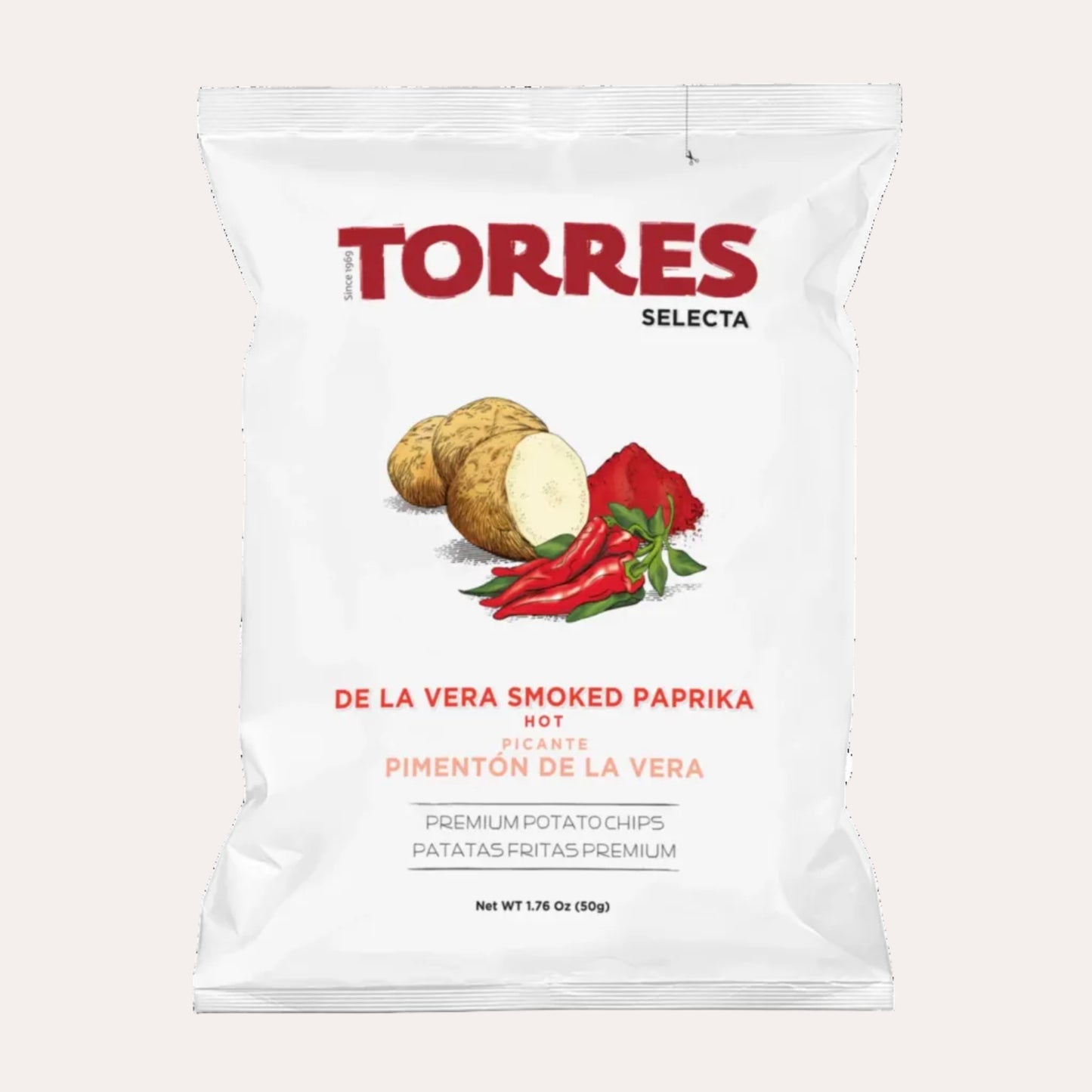 Torres Selecta smoked paprika potato chip bag on a white background
