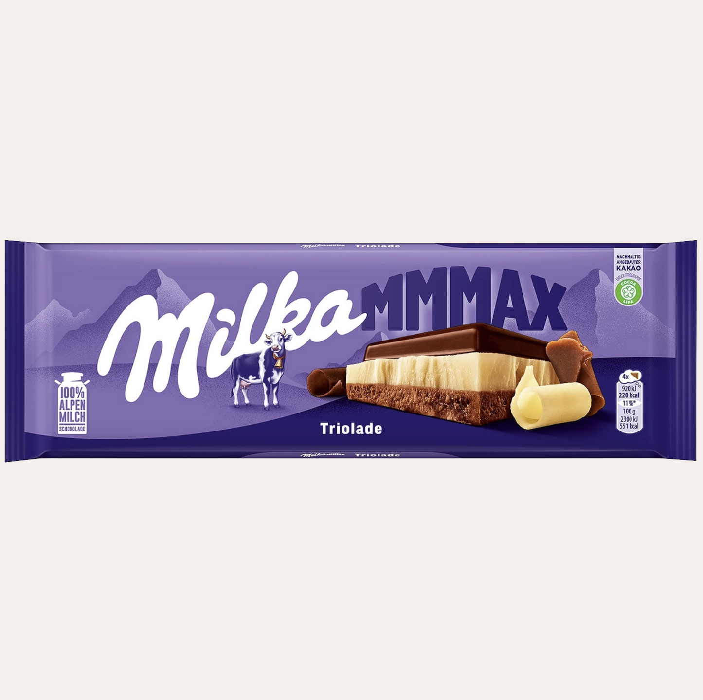 Milka Triolade chocolate bar packaging on a white background